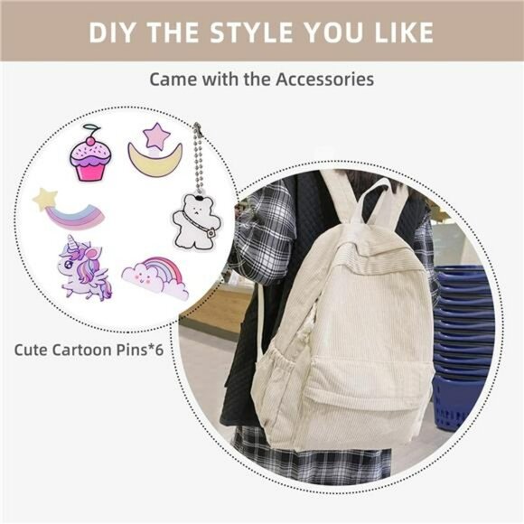 Corduroy school backpack with pins laptop bag for teen girls women travel bookba - Picture 5 of 7